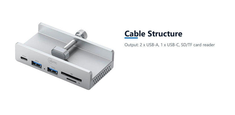 Cruxtec 5-Port Clamp-Mounted USB 3.0 Hub with Type-C Power Port and Card Reader cable structure detail image with verified product information