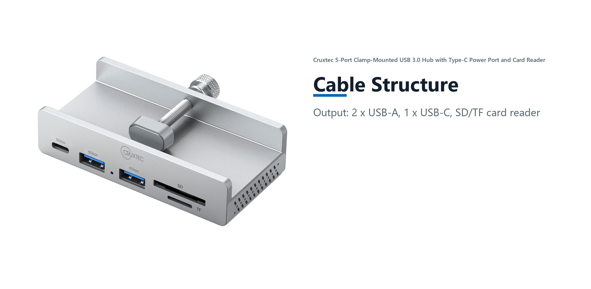 Cruxtec 5-Port Clamp-Mounted USB 3.0 Hub with Type-C Power Port and Card Reader cable structure detail image with verified product information