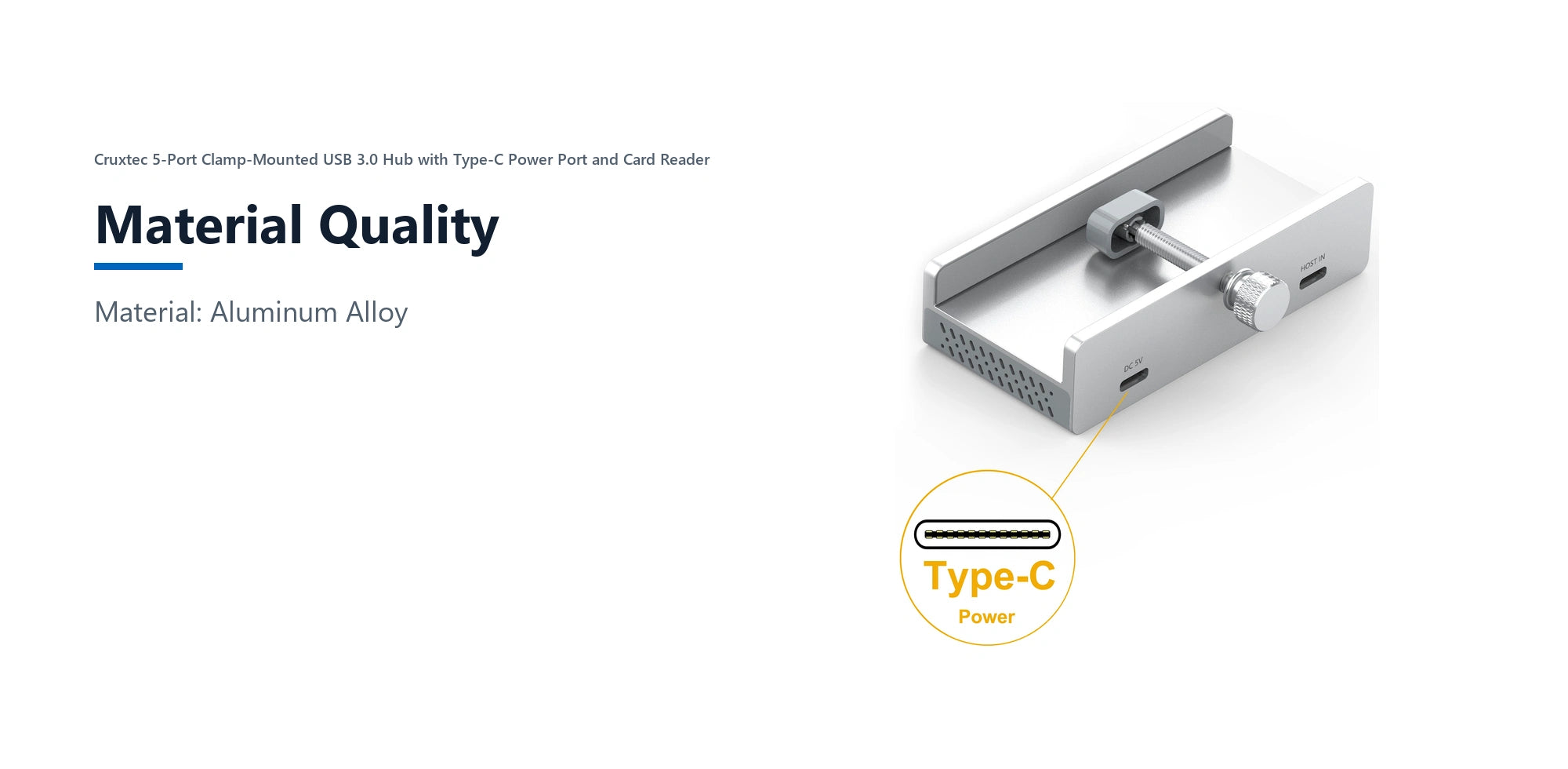 Cruxtec 5-Port Clamp-Mounted USB 3.0 Hub with Type-C Power Port and Card Reader material quality detail image with verified product information