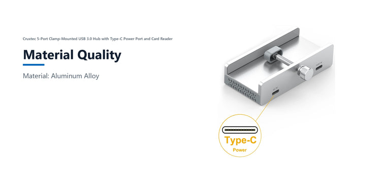 Cruxtec 5-Port Clamp-Mounted USB 3.0 Hub with Type-C Power Port and Card Reader material quality detail image with verified product information
