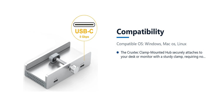 Cruxtec 5-Port Clamp-Mounted USB 3.0 Hub with Type-C Power Port and Card Reader compatibility detail image with verified product information