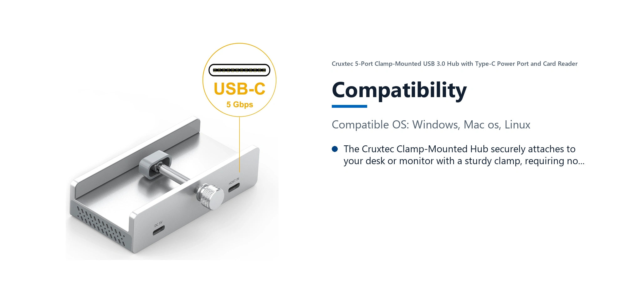 Cruxtec 5-Port Clamp-Mounted USB 3.0 Hub with Type-C Power Port and Card Reader compatibility detail image with verified product information