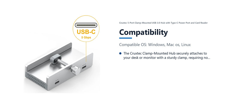 Cruxtec 5-Port Clamp-Mounted USB 3.0 Hub with Type-C Power Port and Card Reader compatibility detail image with verified product information