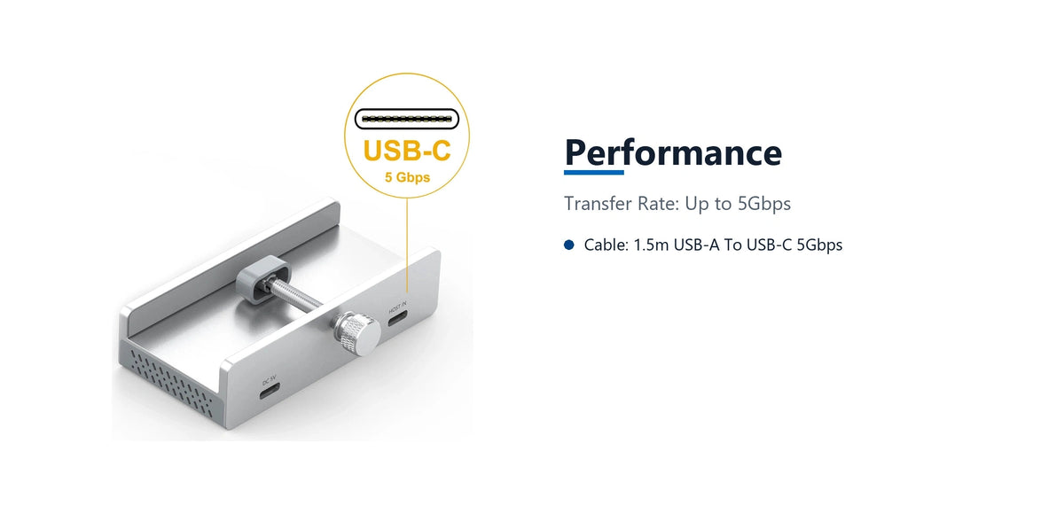 Cruxtec 4-Port Clamp-Mounted USB 3.0 Hub with Type-C Power Port performance detail image with verified product information