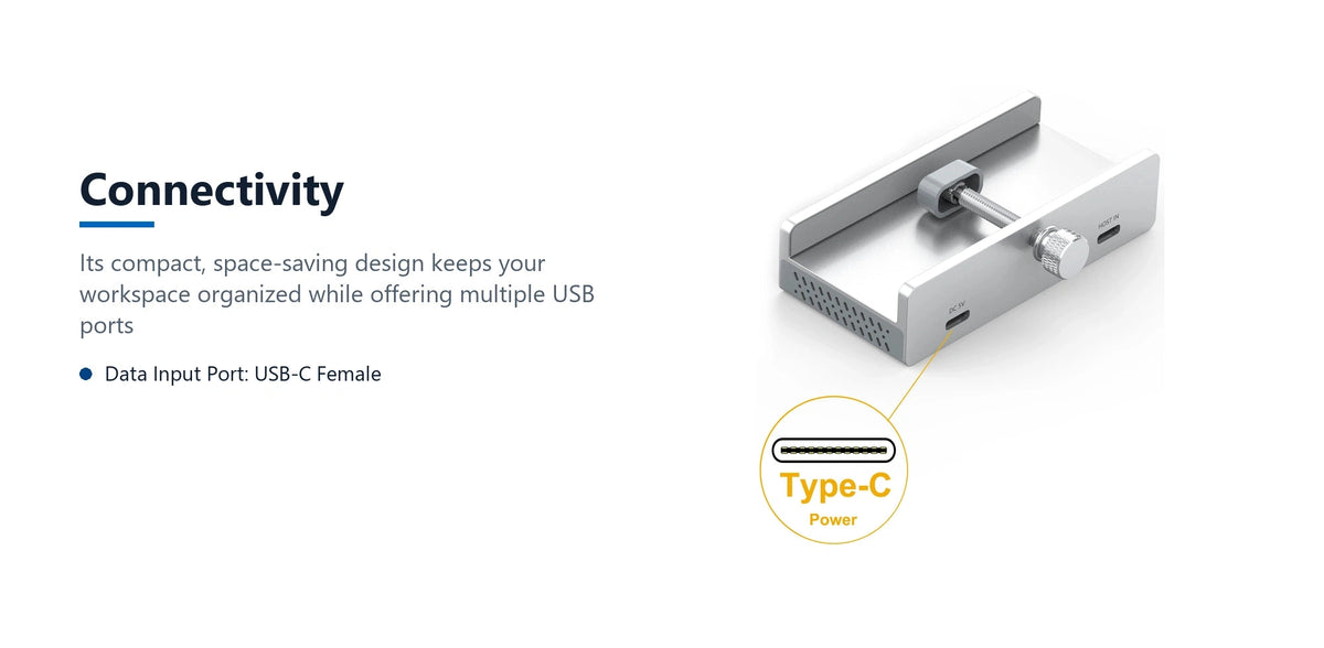 Cruxtec 4-Port Clamp-Mounted USB 3.0 Hub with Type-C Power Port connectivity detail image with verified product information