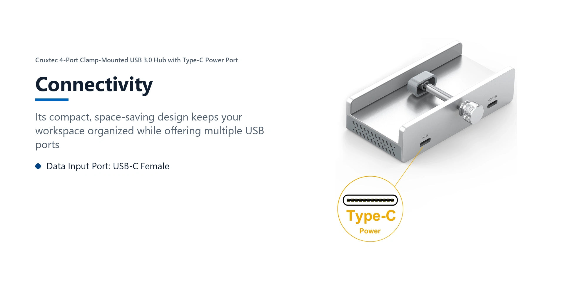 Cruxtec 4-Port Clamp-Mounted USB 3.0 Hub with Type-C Power Port connectivity detail image with verified product information
