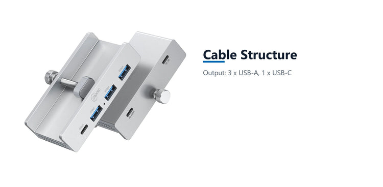 Cruxtec 4-Port Clamp-Mounted USB 3.0 Hub with Type-C Power Port cable structure detail image with verified product information