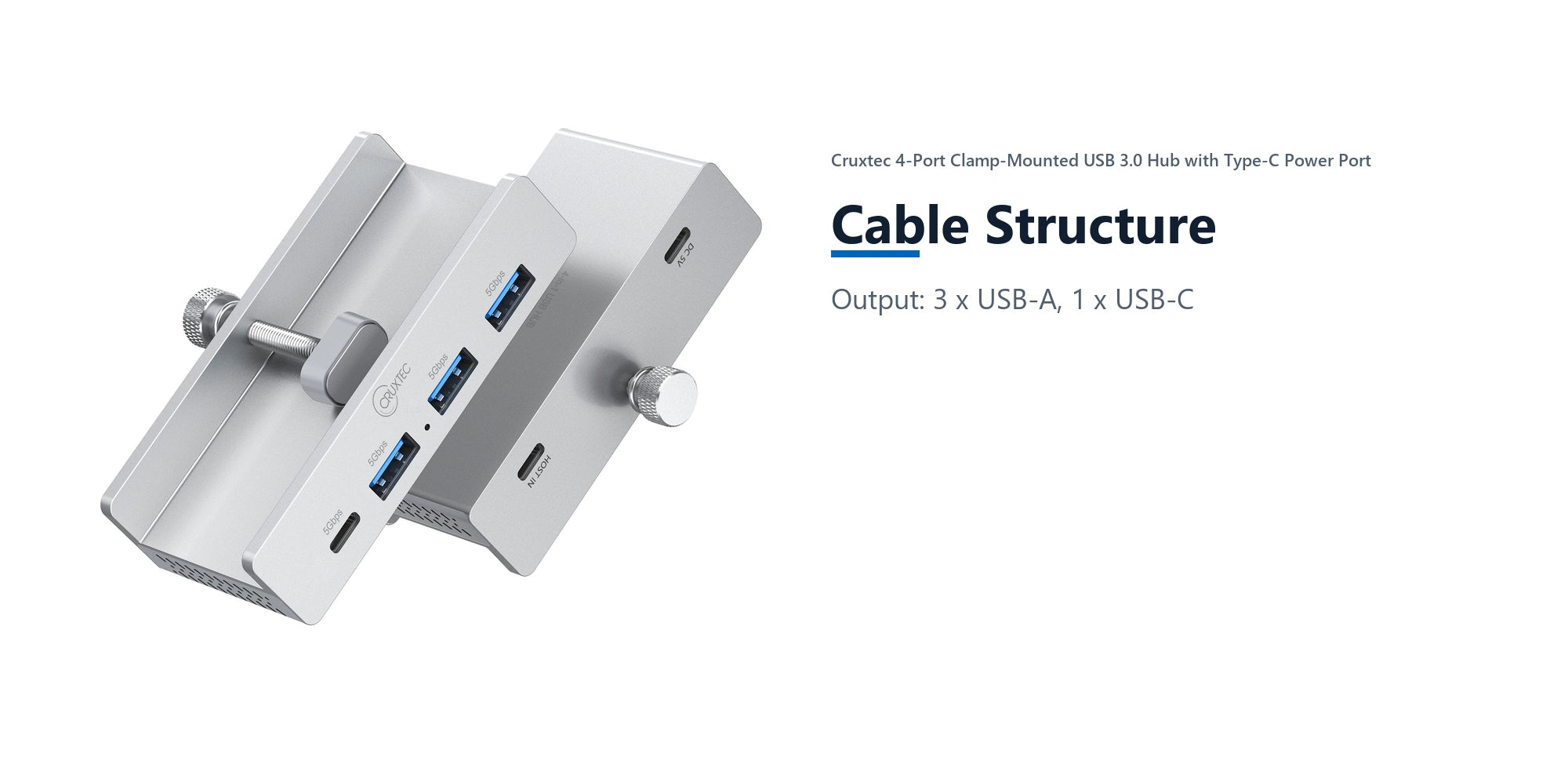 Cruxtec 4-Port Clamp-Mounted USB 3.0 Hub with Type-C Power Port cable structure detail image with verified product information