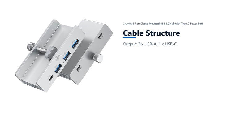 Cruxtec 4-Port Clamp-Mounted USB 3.0 Hub with Type-C Power Port cable structure detail image with verified product information
