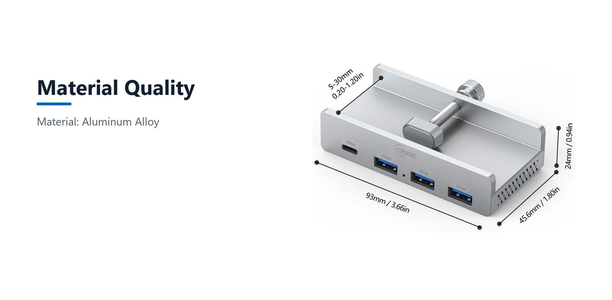 Cruxtec 4-Port Clamp-Mounted USB 3.0 Hub with Type-C Power Port material quality detail image with verified product information
