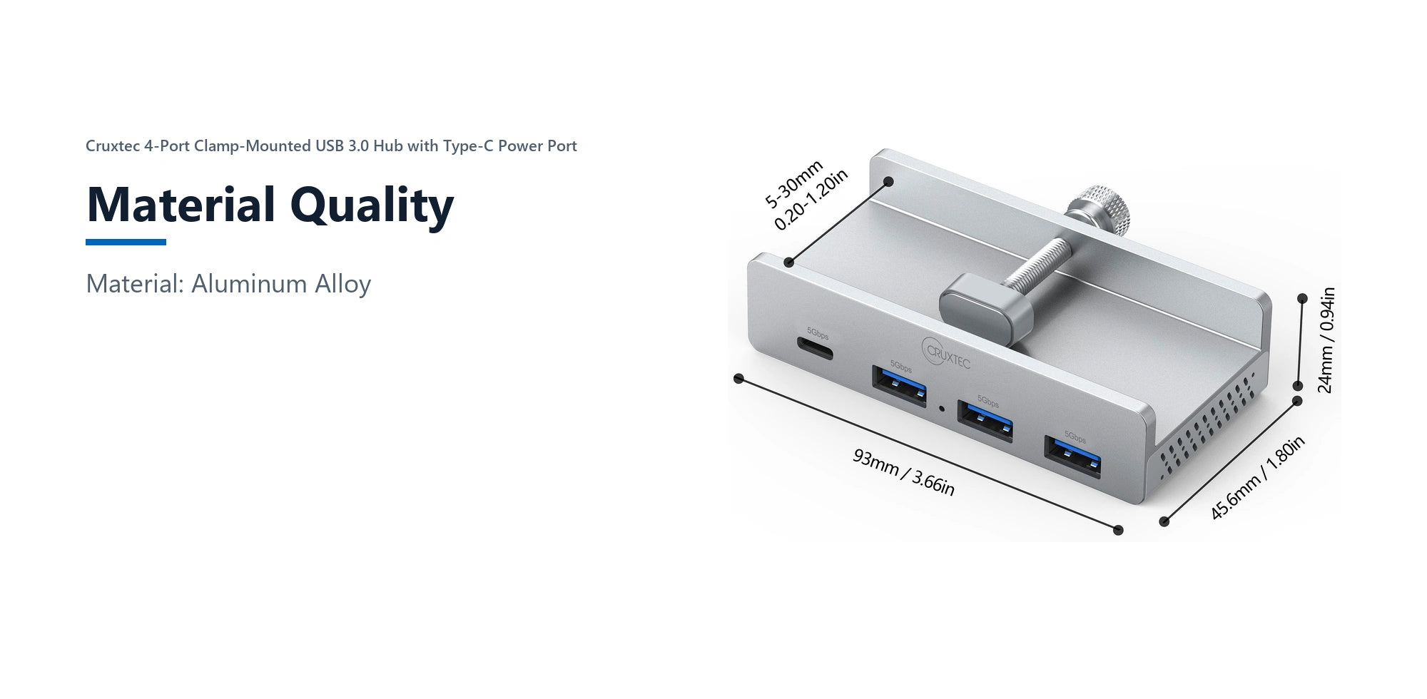 Cruxtec 4-Port Clamp-Mounted USB 3.0 Hub with Type-C Power Port material quality detail image with verified product information