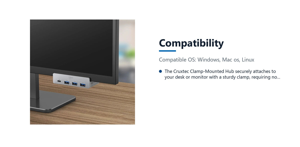 Cruxtec 4-Port Clamp-Mounted USB 3.0 Hub with Type-C Power Port compatibility detail image with verified product information