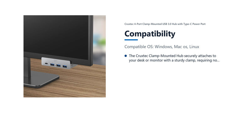 Cruxtec 4-Port Clamp-Mounted USB 3.0 Hub with Type-C Power Port compatibility detail image with verified product information