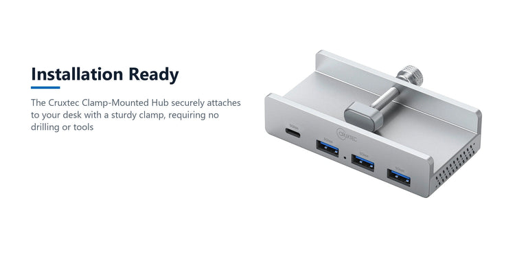 Cruxtec 4-Port Clamp-Mounted USB 3.0 Hub with Type-C Power Port installation ready detail image with verified product information