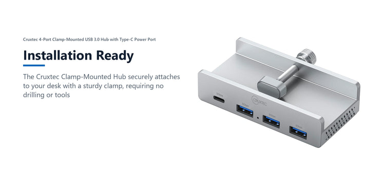 Cruxtec 4-Port Clamp-Mounted USB 3.0 Hub with Type-C Power Port installation ready detail image with verified product information