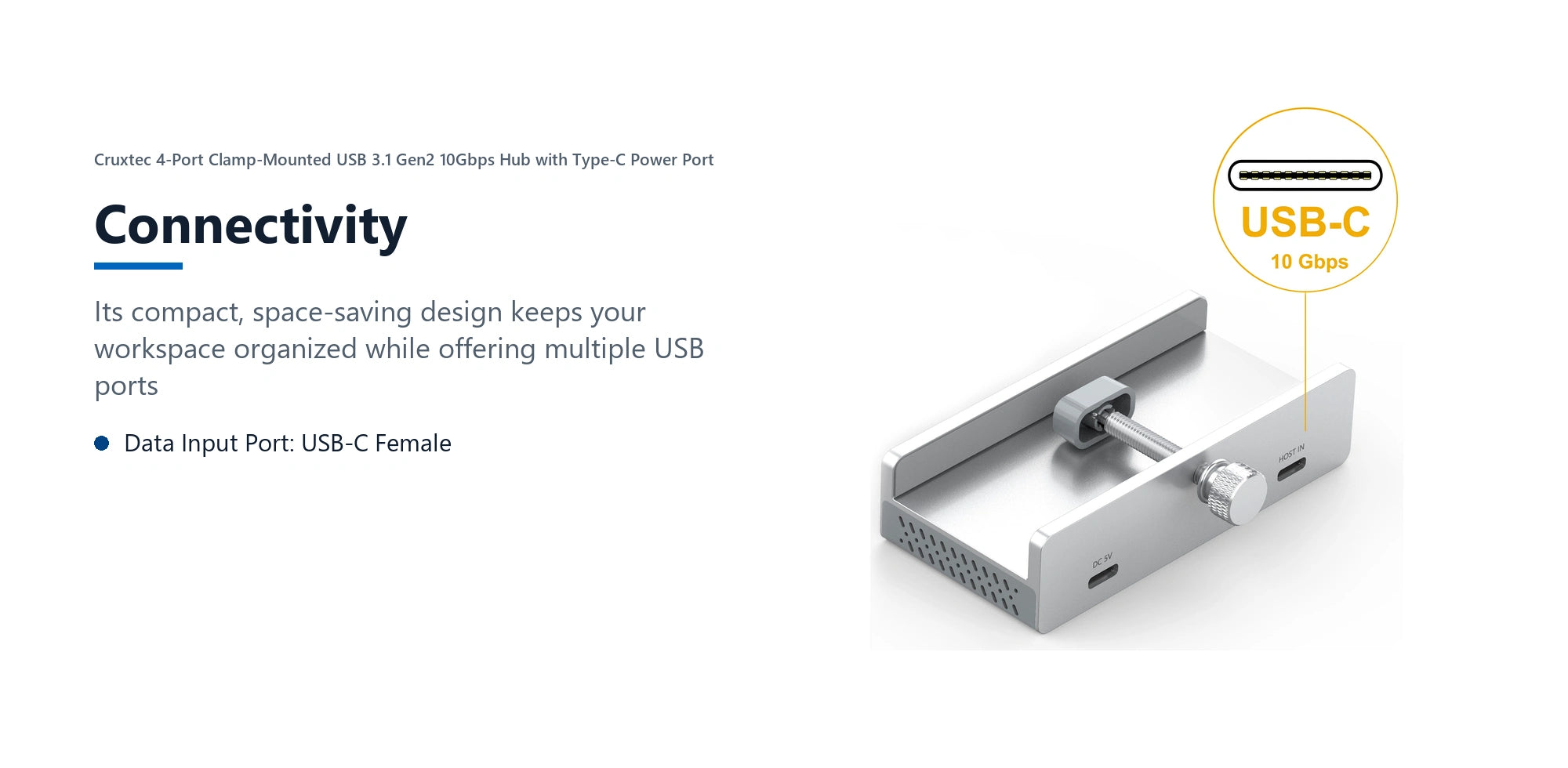 Cruxtec 4-Port Clamp-Mounted USB 3.1 Gen2 10Gbps Hub with Type-C Power Port connectivity detail image with verified product information
