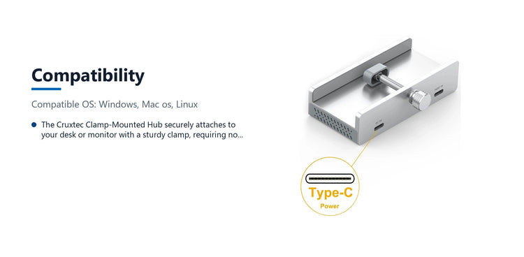 Cruxtec 4-Port Clamp-Mounted USB 3.1 Gen2 10Gbps Hub with Type-C Power Port compatibility detail image with verified product information