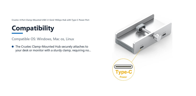 Cruxtec 4-Port Clamp-Mounted USB 3.1 Gen2 10Gbps Hub with Type-C Power Port compatibility detail image with verified product information