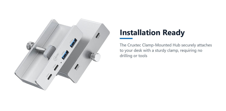 Cruxtec 4-Port Clamp-Mounted USB 3.1 Gen2 10Gbps Hub with Type-C Power Port installation ready detail image with verified product information