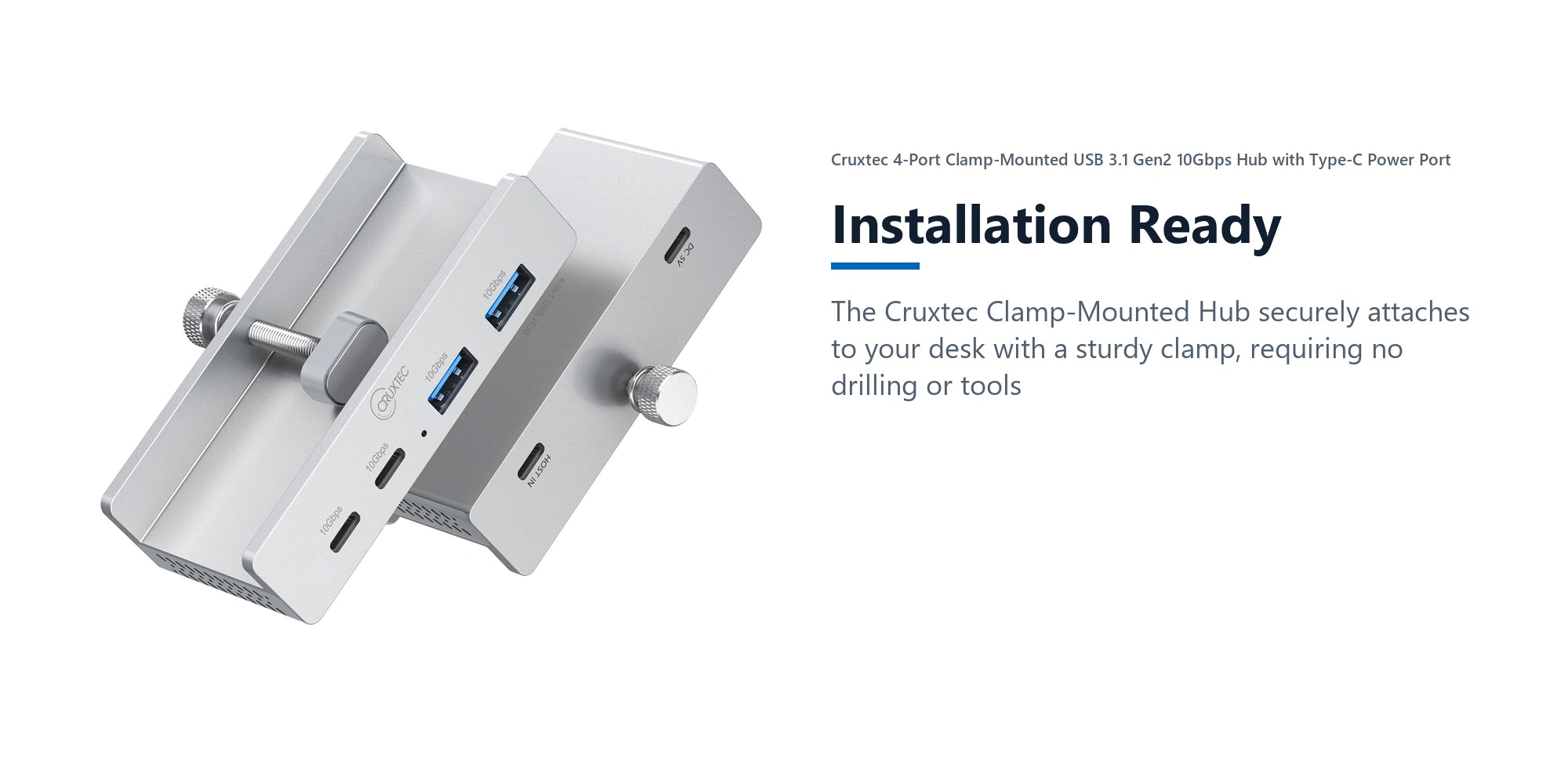 Cruxtec 4-Port Clamp-Mounted USB 3.1 Gen2 10Gbps Hub with Type-C Power Port installation ready detail image with verified product information