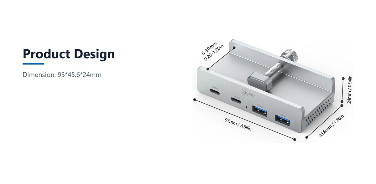 Cruxtec 4-Port Clamp-Mounted USB 3.1 Gen2 10Gbps Hub with Type-C Power Port product design detail image with verified product information