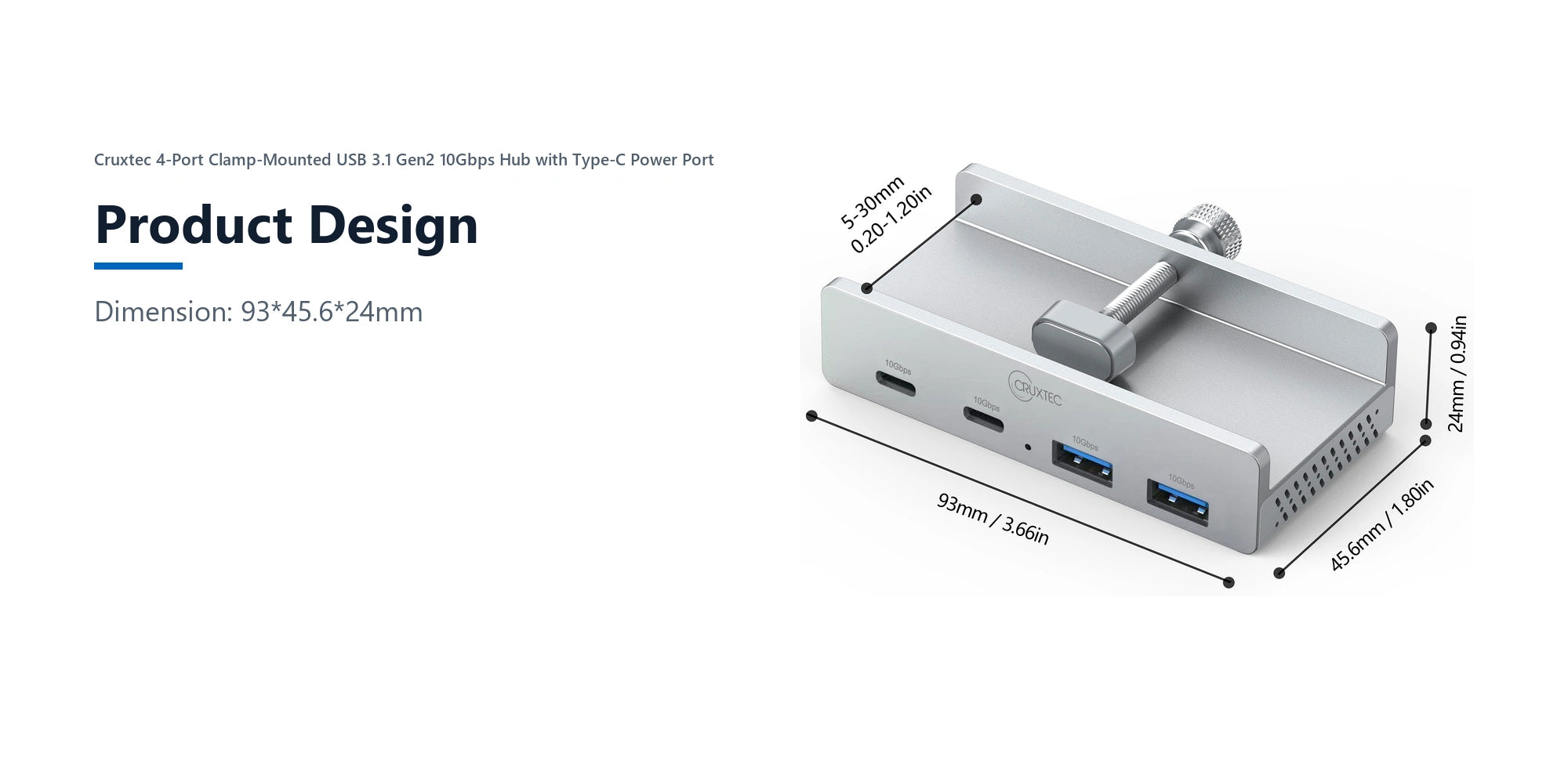 Cruxtec 4-Port Clamp-Mounted USB 3.1 Gen2 10Gbps Hub with Type-C Power Port product design detail image with verified product information