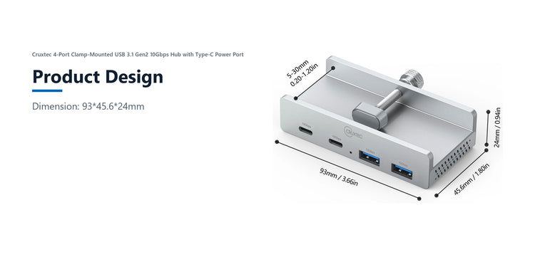 Cruxtec 4-Port Clamp-Mounted USB 3.1 Gen2 10Gbps Hub with Type-C Power Port product design detail image with verified product information