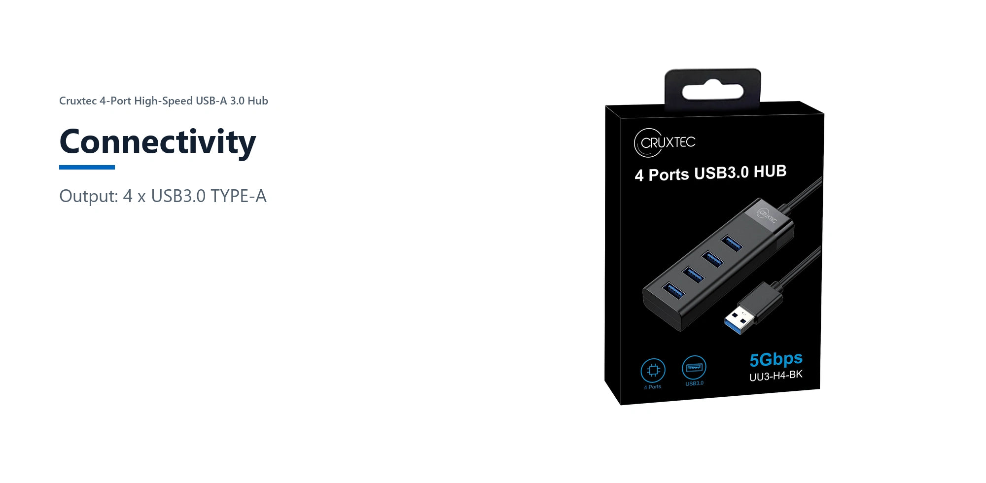 Cruxtec 4-Port High-Speed USB-A 3.0 Hub connectivity detail image with verified product information