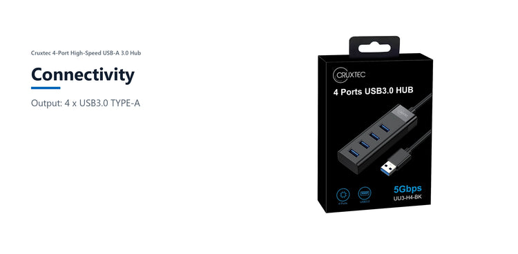 Cruxtec 4-Port High-Speed USB-A 3.0 Hub connectivity detail image with verified product information
