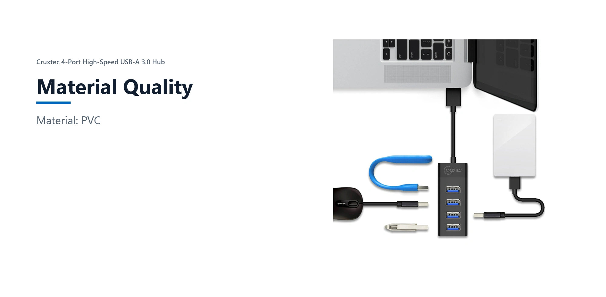 Cruxtec 4-Port High-Speed USB-A 3.0 Hub material quality detail image with verified product information