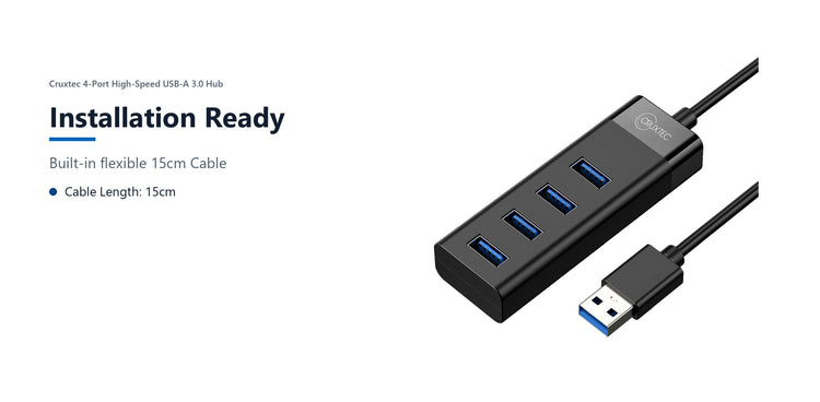 Cruxtec 4-Port High-Speed USB-A 3.0 Hub installation ready detail image with verified product information