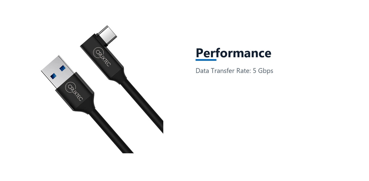Cruxtec Right-Angle USB-A to USB-C VR Link Cable (Black 3m) performance detail image with verified product information
