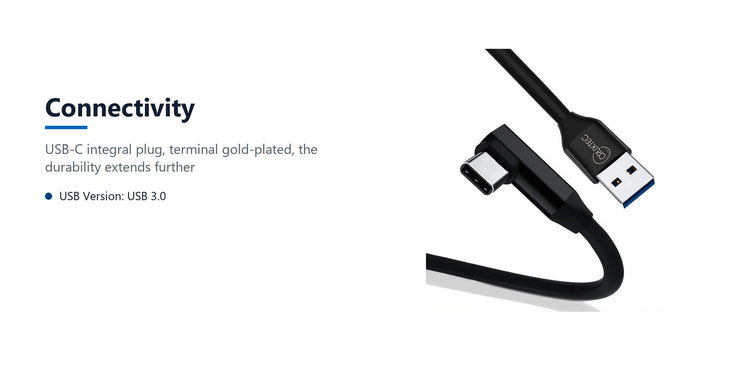 Cruxtec Right-Angle USB-A to USB-C VR Link Cable (Black 3m) connectivity detail image with verified product information