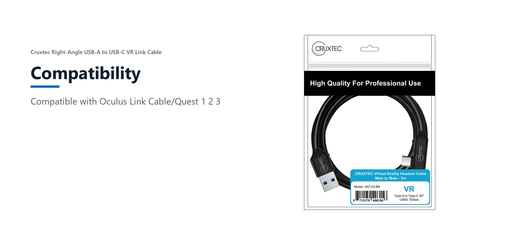 Cruxtec Right-Angle USB-A to USB-C VR Link Cable (Black 3m) compatibility detail image with verified product information