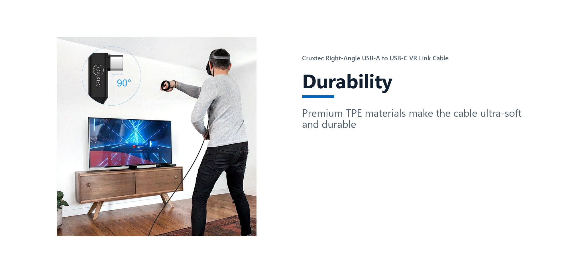 Cruxtec Right-Angle USB-A to USB-C VR Link Cable (Black 3m) durability detail image with verified product information