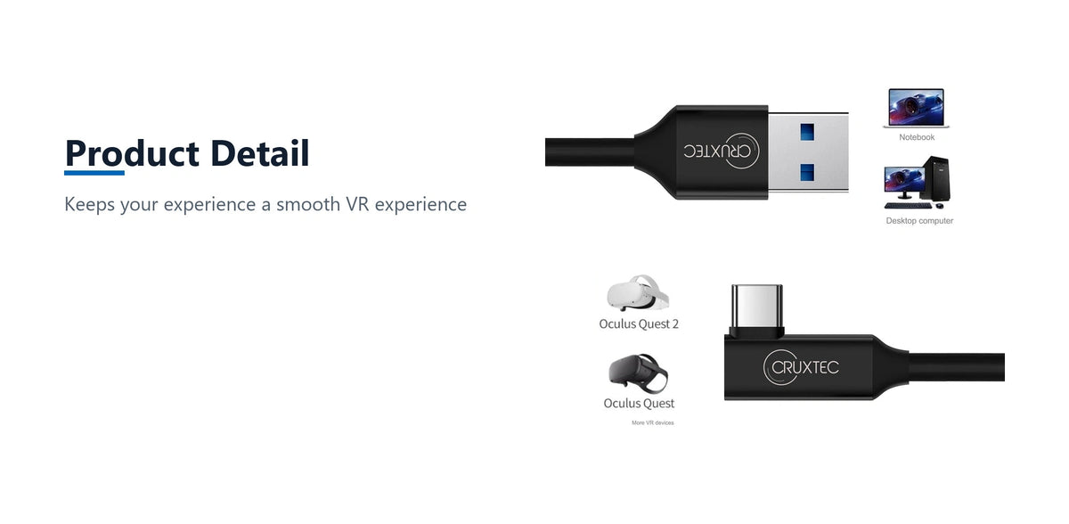 Cruxtec Right-Angle USB-A to USB-C VR Link Cable (Black 3m) product detail detail image with verified product information