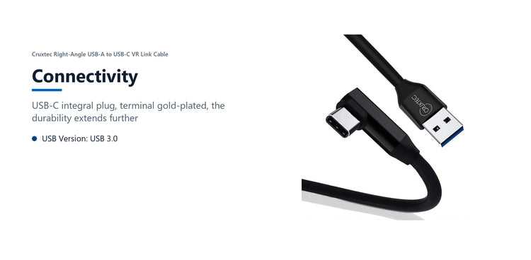 Cruxtec Right-Angle USB-A to USB-C VR Link Cable (Black 5m) connectivity detail image with verified product information