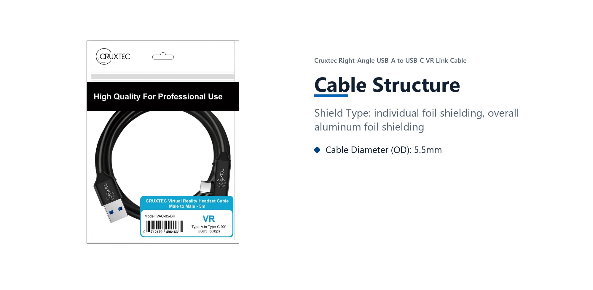 Cruxtec Right-Angle USB-A to USB-C VR Link Cable (Black 5m) cable structure detail image with verified product information