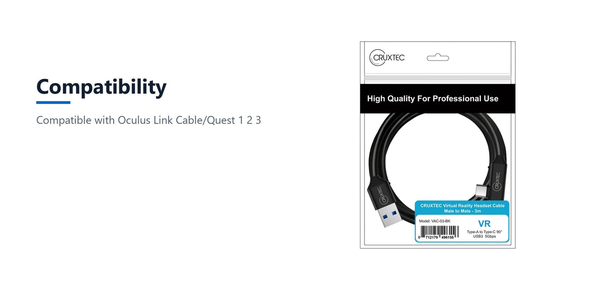 Cruxtec Right-Angle USB-A to USB-C VR Link Cable (Black 5m) compatibility detail image with verified product information