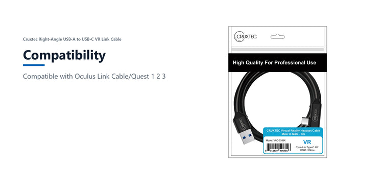 Cruxtec Right-Angle USB-A to USB-C VR Link Cable (Black 5m) compatibility detail image with verified product information