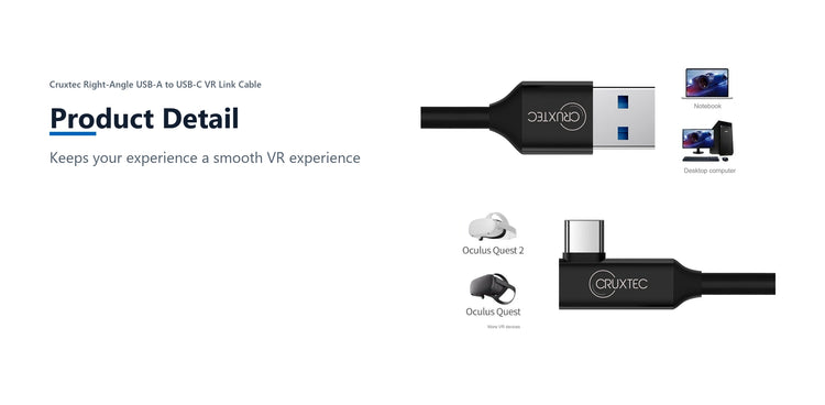 Cruxtec Right-Angle USB-A to USB-C VR Link Cable (Black 5m) product detail detail image with verified product information