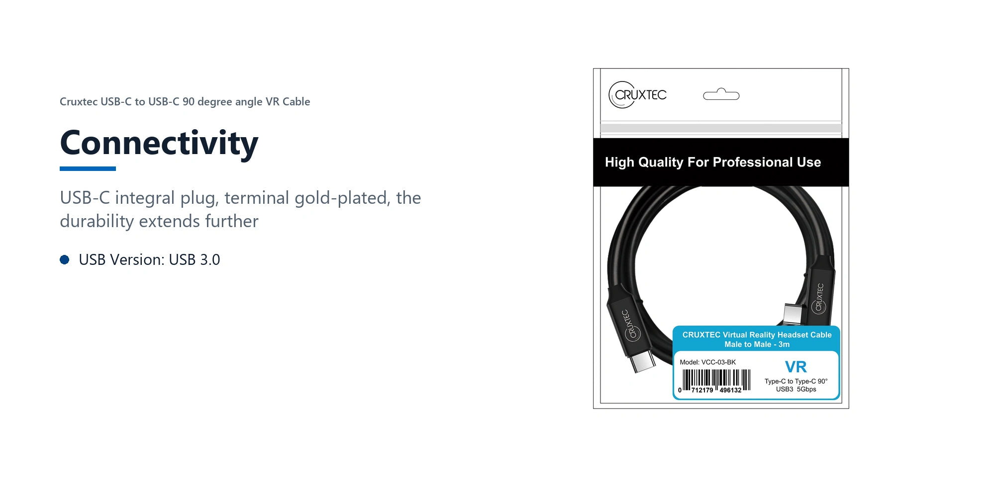 Cruxtec USB-C to USB-C 90 degree angle VR Cable (3m) connectivity detail image with verified product information