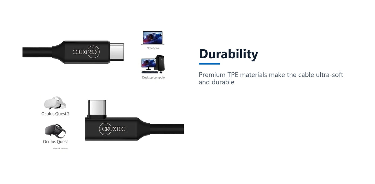 Cruxtec USB-C to USB-C 90 degree angle VR Cable (3m) durability detail image with verified product information