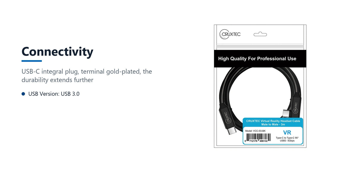 Cruxtec USB-C to USB-C 90 degree angle VR Cable (5m) connectivity detail image with verified product information