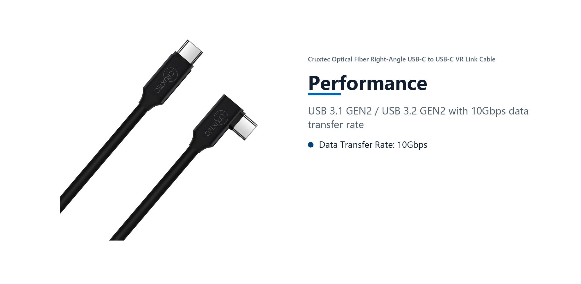 Cruxtec Optical Fiber Right-Angle USB-C to USB-C VR Link Cable (Black 5m) performance detail image with verified product information