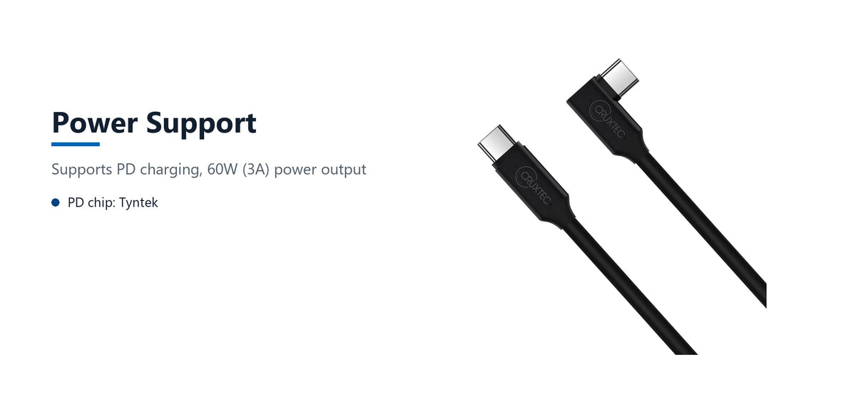Cruxtec Optical Fiber Right-Angle USB-C to USB-C VR Link Cable (Black 5m) power support detail image with verified product information