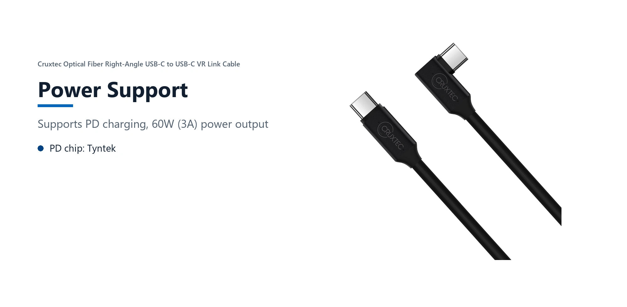 Cruxtec Optical Fiber Right-Angle USB-C to USB-C VR Link Cable (Black 5m) power support detail image with verified product information