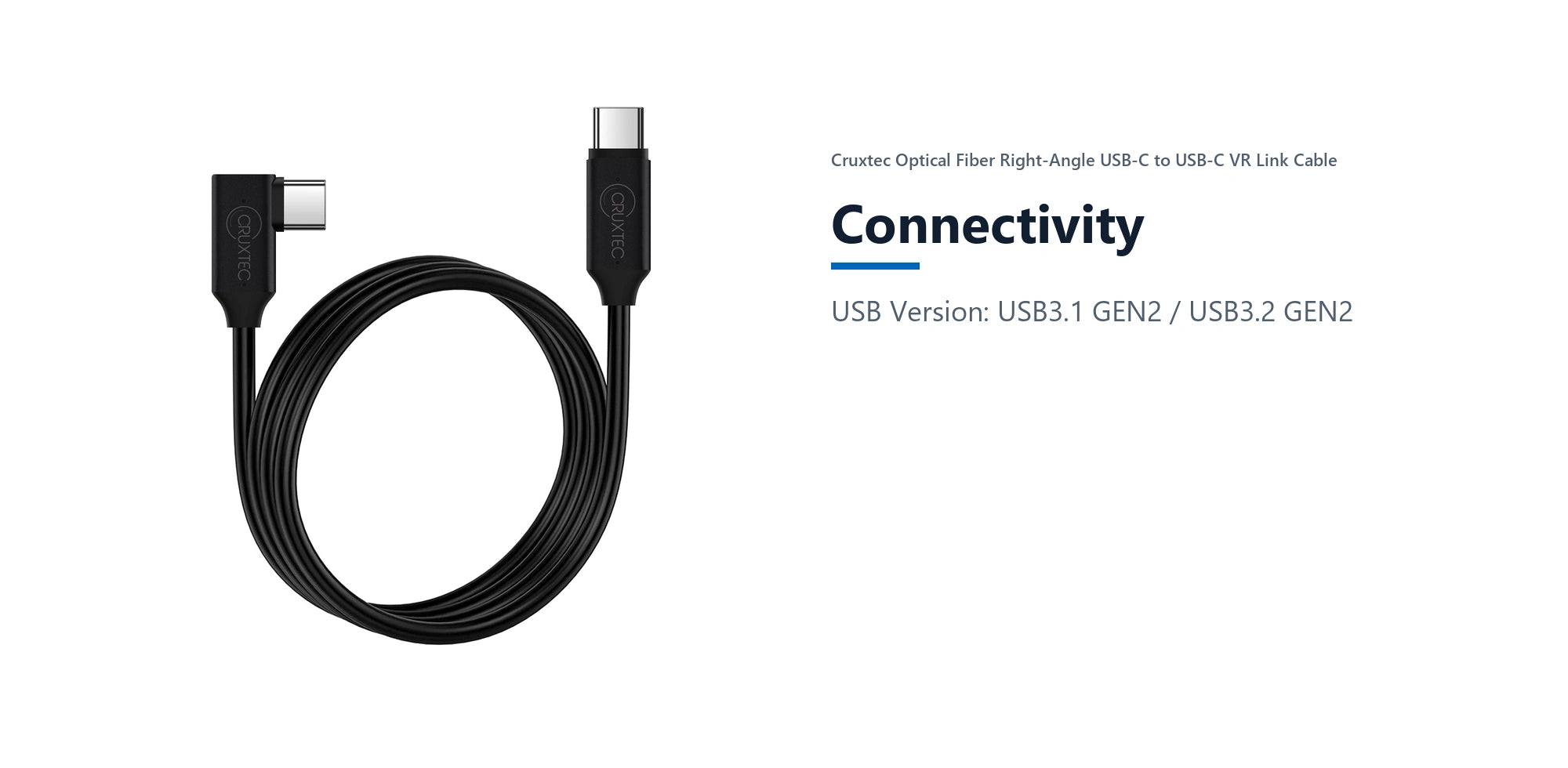 Cruxtec Optical Fiber Right-Angle USB-C to USB-C VR Link Cable (Black 5m) connectivity detail image with verified product information