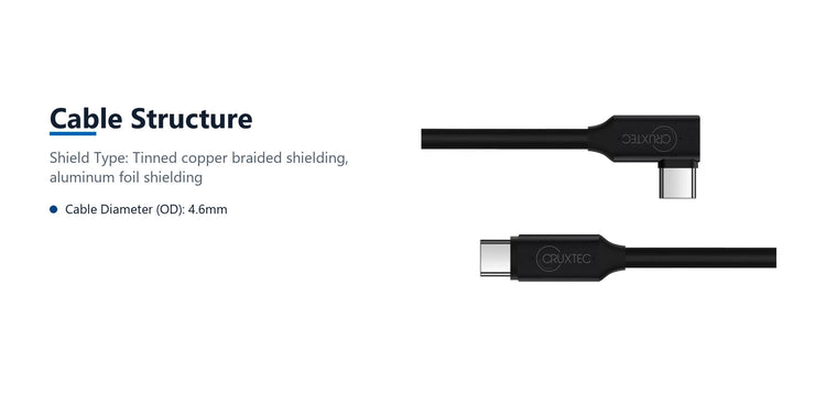 Cruxtec Optical Fiber Right-Angle USB-C to USB-C VR Link Cable (Black 5m) cable structure detail image with verified product information