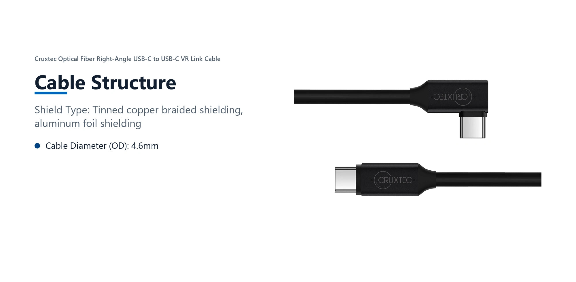 Cruxtec Optical Fiber Right-Angle USB-C to USB-C VR Link Cable (Black 5m) cable structure detail image with verified product information